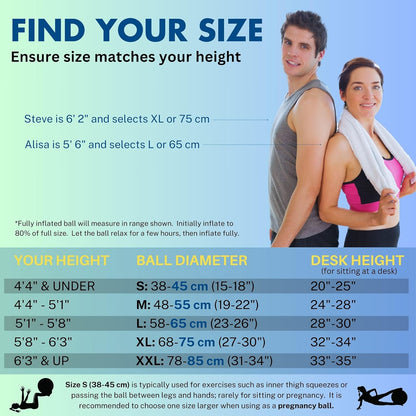 Exercise Ball - Multiple Sizes Gym Grade Balance Ball for Fitness, Yoga, Workout, Pregnancy & Physical Therapy
